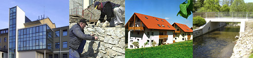 Vier Bautec-Projekte nebeneinander: Verwaltungsgebäude, Naturstein-Stützmauer, Wohnpark mit Satteldächern und eine Brücke über einen Bachlauf